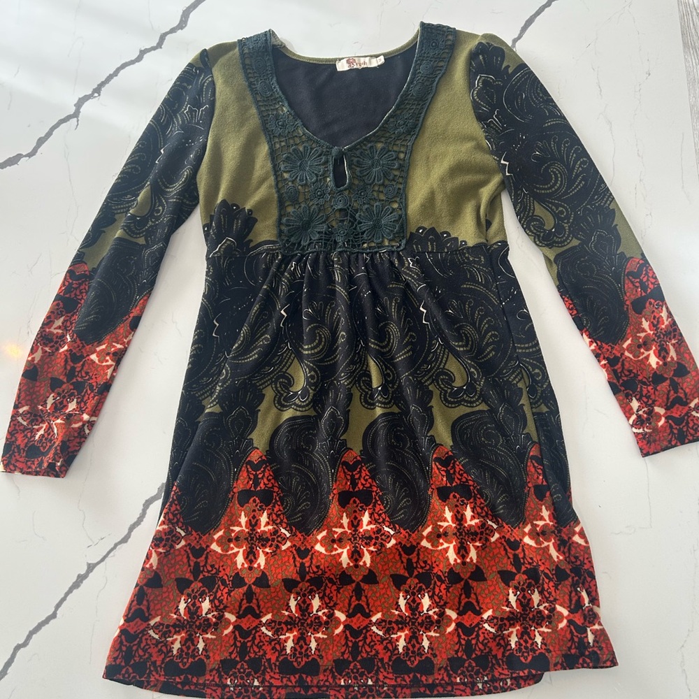 Aryeh Anthropologie Olive and Red Patterned Midi Dress Cottage-core